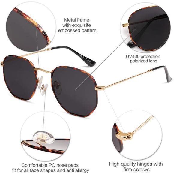 Polarized Sunglasses for Women and Men Small Hexagonal Mirrored Lens - Picture 4 of 6